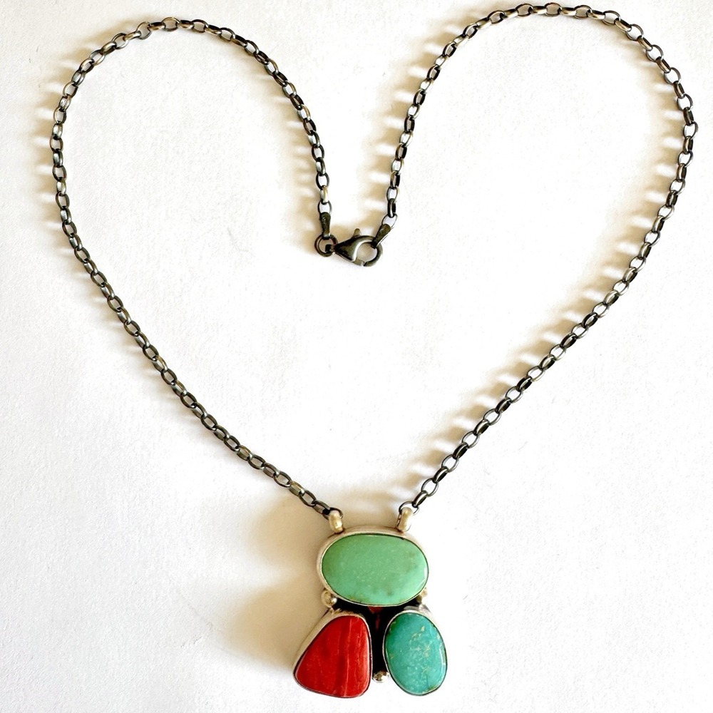 Mixed Turquoise Navajo Cluster Y Necklace 16" Red Spiny Signed Skeet Sterling